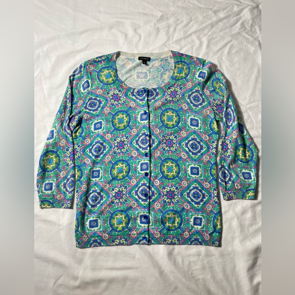 Talbots colorful Geometric Cardigan sweater women’s size M